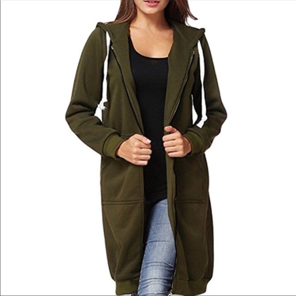 1 Left!  Olive Green Long Maxi Hoodie ZIP Sweater - Picture 2 of 8